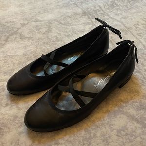 Stuart Weitzman Black Leather Ballet Flat with across Cross Straps and Bows